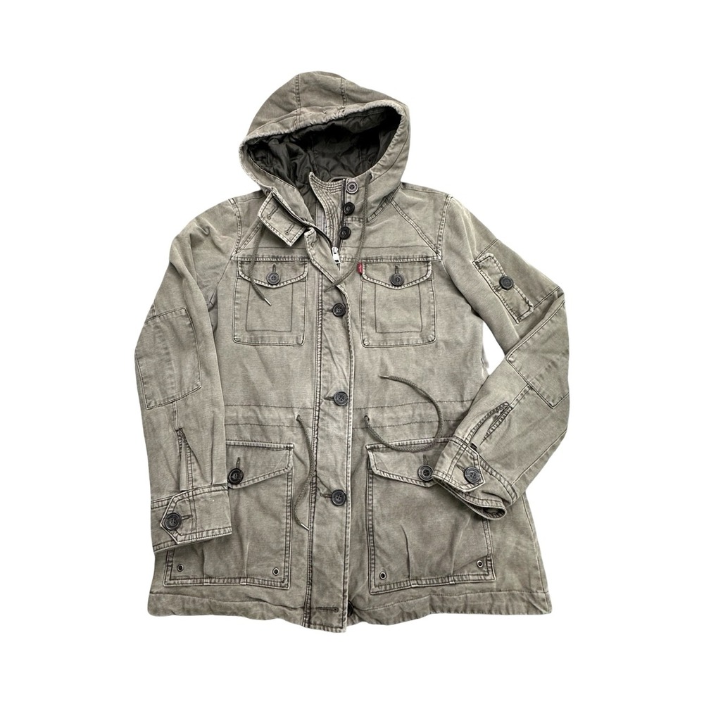 Levi's Jacket Mens M Green Field Hooded Quilted Lined Utility Military Coat